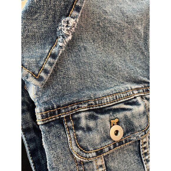 ~ Pilcro Lg Jean Jacket Cropped Denim Anthropologie Blue Raw Edge Stretch Large - Picture 11 of 14